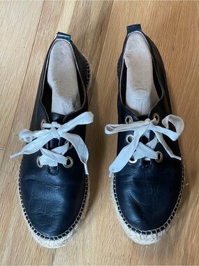 Black Leather Lace-Up Espadrille with White Laces